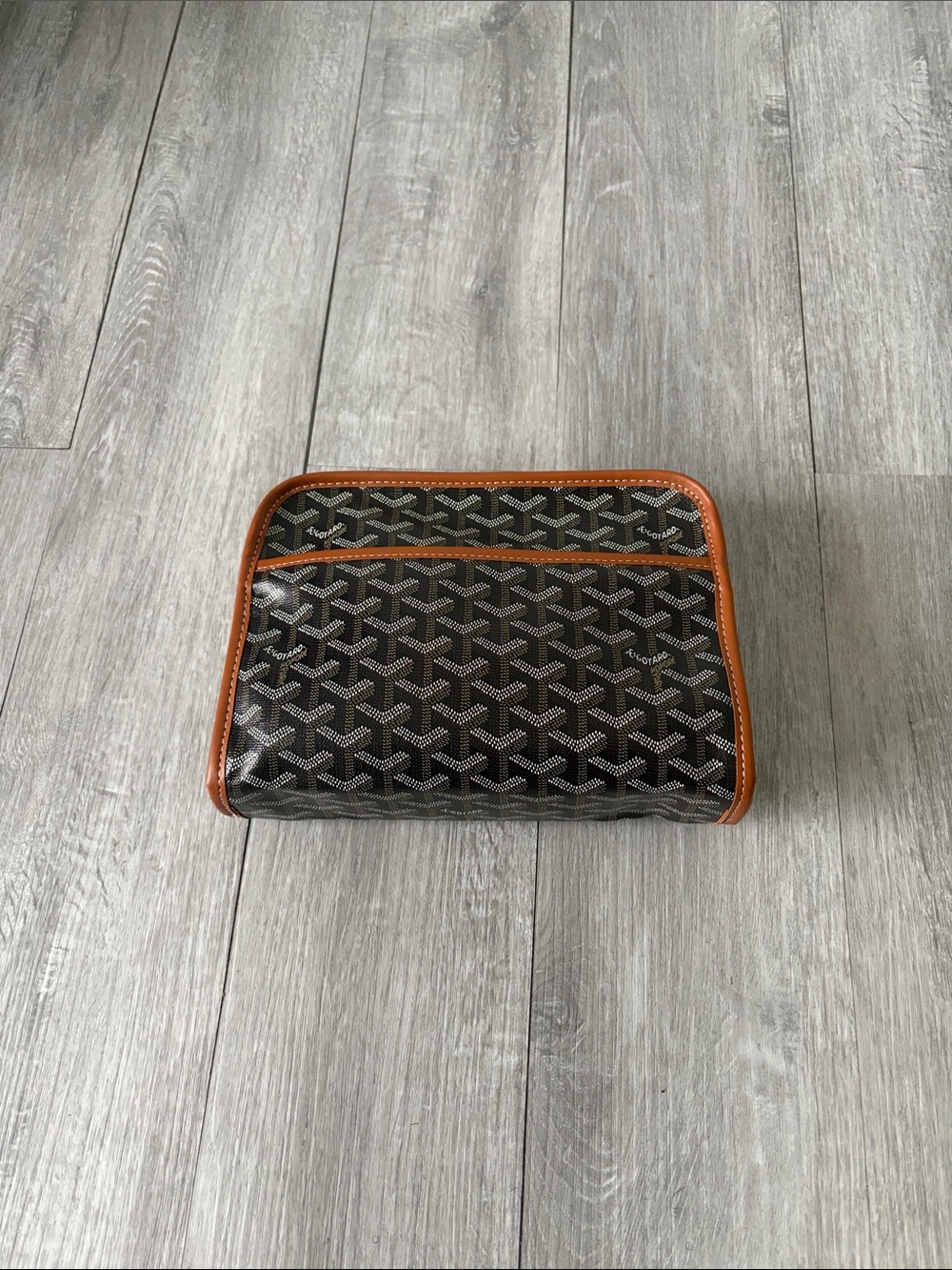 Brown Goyard Patterned Men's Toiletry Bag with Tan Trim